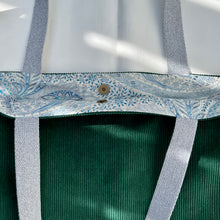 Load image into Gallery viewer, XL Tote bag. Bottle green cotton corduroy and blue cotton denim tote bag.
