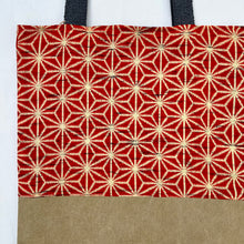 Load image into Gallery viewer, Tote bag. Vintage Japanese kimono fabric with a camel brown cotton canvas bottom.

