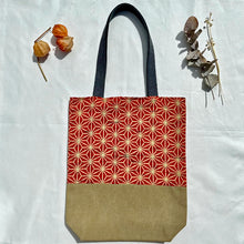Load image into Gallery viewer, Tote bag. Vintage Japanese kimono fabric with a camel brown cotton canvas bottom.
