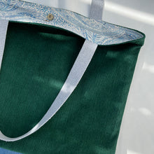 Load image into Gallery viewer, XL Tote bag. Bottle green cotton corduroy and blue cotton denim tote bag.
