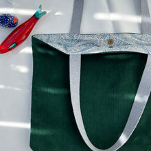 Load image into Gallery viewer, XL Tote bag. Bottle green cotton corduroy and blue cotton denim tote bag.
