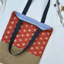 Load image into Gallery viewer, Tote bag. Vintage Japanese kimono fabric with a camel brown cotton canvas bottom.
