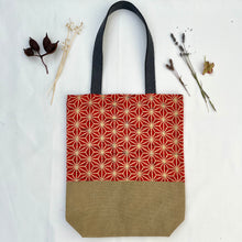 Load image into Gallery viewer, Tote bag. Vintage Japanese kimono fabric with a camel brown cotton canvas bottom.
