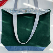 Load image into Gallery viewer, XL Tote bag. Bottle green cotton corduroy and blue cotton denim tote bag.
