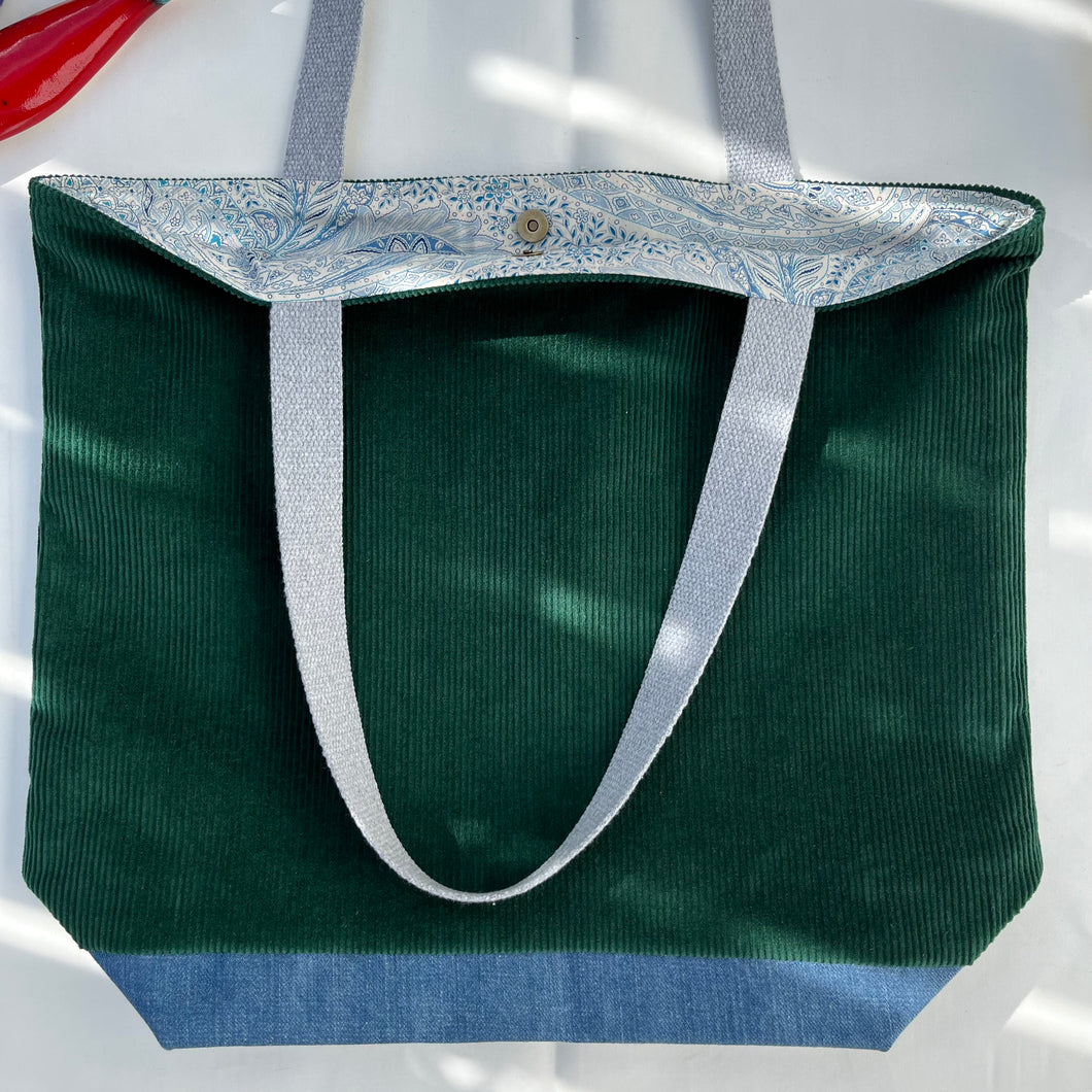 XL Tote bag. Bottle green cotton corduroy and blue cotton denim tote bag.