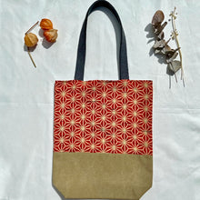 Load image into Gallery viewer, Tote bag. Vintage Japanese kimono fabric with a camel brown cotton canvas bottom.
