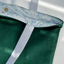 Load image into Gallery viewer, XL Tote bag. Bottle green cotton corduroy and blue cotton denim tote bag.
