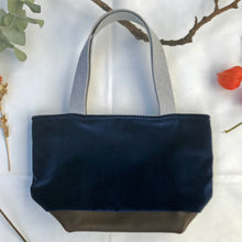 Load image into Gallery viewer, xs Handbag. Bag. Designers Guild deep blue velvet and upcycled brown leather handbag.
