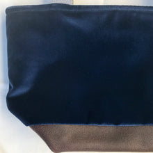 Load image into Gallery viewer, xs Handbag. Bag. Designers Guild deep blue velvet and upcycled brown leather handbag.
