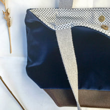 Load image into Gallery viewer, xs Handbag. Bag. Designers Guild deep blue velvet and upcycled brown leather handbag.
