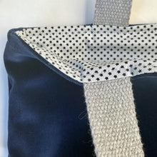 Load image into Gallery viewer, xs Handbag. Bag. Designers Guild deep blue velvet and upcycled brown leather handbag.
