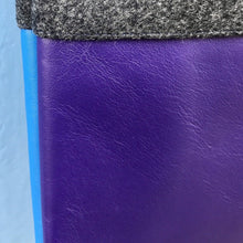 Load image into Gallery viewer, Tote bag. Grey wool tote with a two-colour blue and purple leather round bottom.
