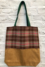 Load image into Gallery viewer, Tote bag. Beautiful check wool with a mustard yellow denim bottom.
