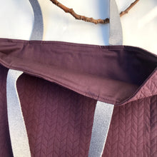 Load image into Gallery viewer, Tote bag. Ex-designer quilted wool fabric with a mustard yellow denim bottom.
