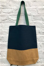 Load image into Gallery viewer, Tote bag. Vintage Japanese kimono fabric tote bag with a mustard yellow cotton denim bottom.
