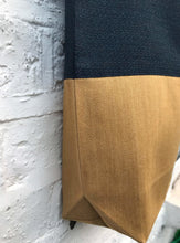 Load image into Gallery viewer, Tote bag. Vintage Japanese kimono fabric tote bag with a mustard yellow cotton denim bottom.
