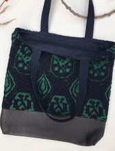 Load image into Gallery viewer, Tote bag. Unique upholstery fabric tote with a dark chocolate brown leather.
