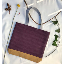 Load image into Gallery viewer, Tote bag. Ex-designer quilted wool fabric with a mustard yellow denim bottom.

