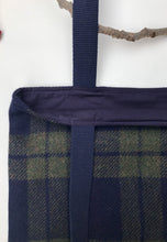 Load image into Gallery viewer, Tote bag. Navy blue and green tweed check design and mustard yellow denim tote.
