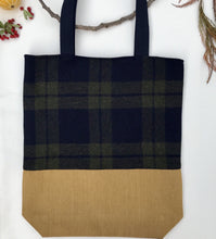 Load image into Gallery viewer, Tote bag. Navy blue and green tweed check design and mustard yellow denim tote.
