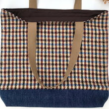 Load image into Gallery viewer, Tote bag. Ex-designer thick check wool fabric with the same designer blue bonded denim bottom.
