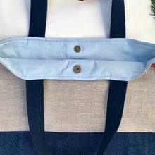 Load image into Gallery viewer, Handbag. Bag. 100% French linen fabric with a dark blue denim bottom.
