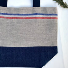 Load image into Gallery viewer, Handbag. Bag. 100% French linen fabric with a dark blue denim bottom.
