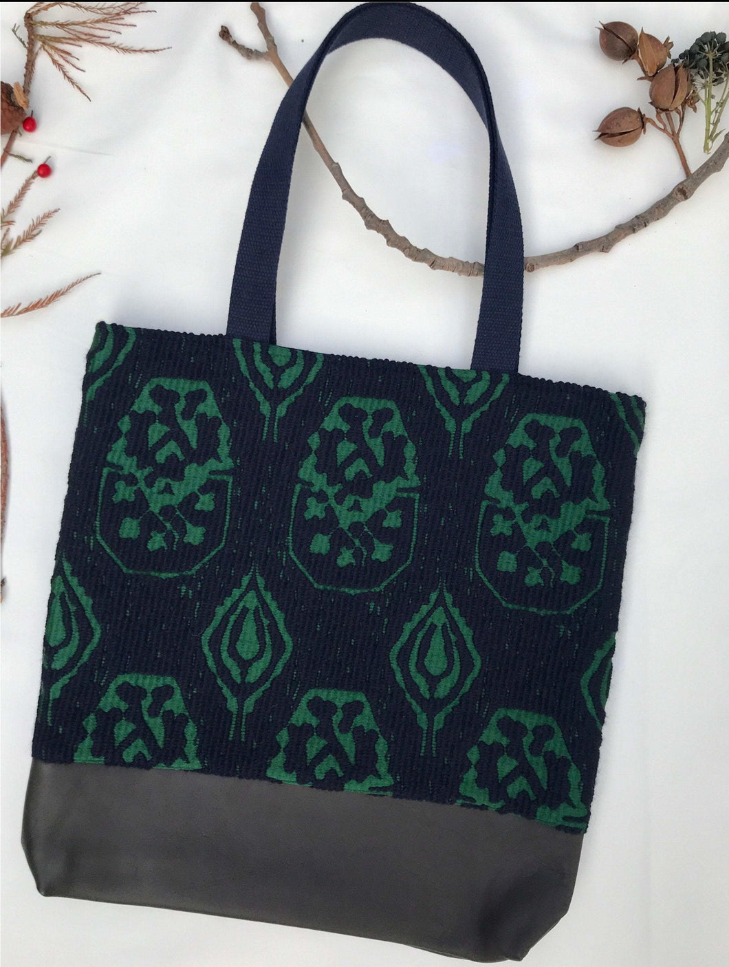 Tote bag. Unique upholstery fabric tote with a dark chocolate brown leather.