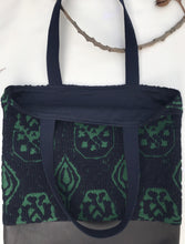 Load image into Gallery viewer, Tote bag. Unique upholstery fabric tote with a dark chocolate brown leather.
