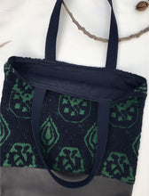 Load image into Gallery viewer, Tote bag. Unique upholstery fabric tote with a dark chocolate brown leather.
