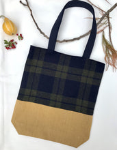Load image into Gallery viewer, Tote bag. Navy blue and green tweed check design and mustard yellow denim tote.
