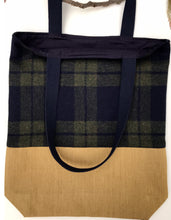 Load image into Gallery viewer, Tote bag. Navy blue and green tweed check design and mustard yellow denim tote.
