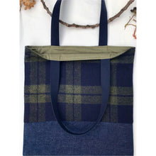 Load image into Gallery viewer, Tote bag. Navy blue and green tweed check design and dark blue denim tote.

