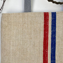 Load image into Gallery viewer, Vintage grain sack tote bag. Vertical blue and red stripes. Handwoven and hand-loomed. 100% hemp.
