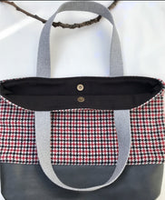 Load image into Gallery viewer, Handbag. Bag. Houndstooth black and red wool fabric tote with a dark grey leather bottom.
