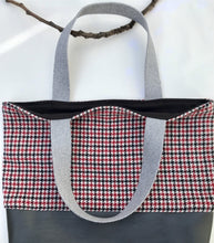 Load image into Gallery viewer, Handbag. Bag. Houndstooth black and red wool fabric tote with a dark grey leather bottom.
