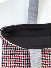 Load image into Gallery viewer, Handbag. Bag. Houndstooth black and red wool fabric tote with a dark grey leather bottom.
