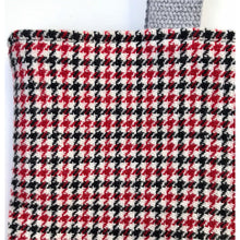 Load image into Gallery viewer, Handbag. Bag. Houndstooth black and red wool fabric tote with a dark grey leather bottom.
