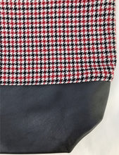 Load image into Gallery viewer, Handbag. Bag. Houndstooth black and red wool fabric tote with a dark grey leather bottom.
