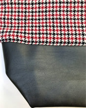 Load image into Gallery viewer, Handbag. Bag. Houndstooth black and red wool fabric tote with a dark grey leather bottom.
