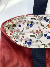 Load image into Gallery viewer, Handbag. Bag. Rust corduroy and navy blue leather bag.
