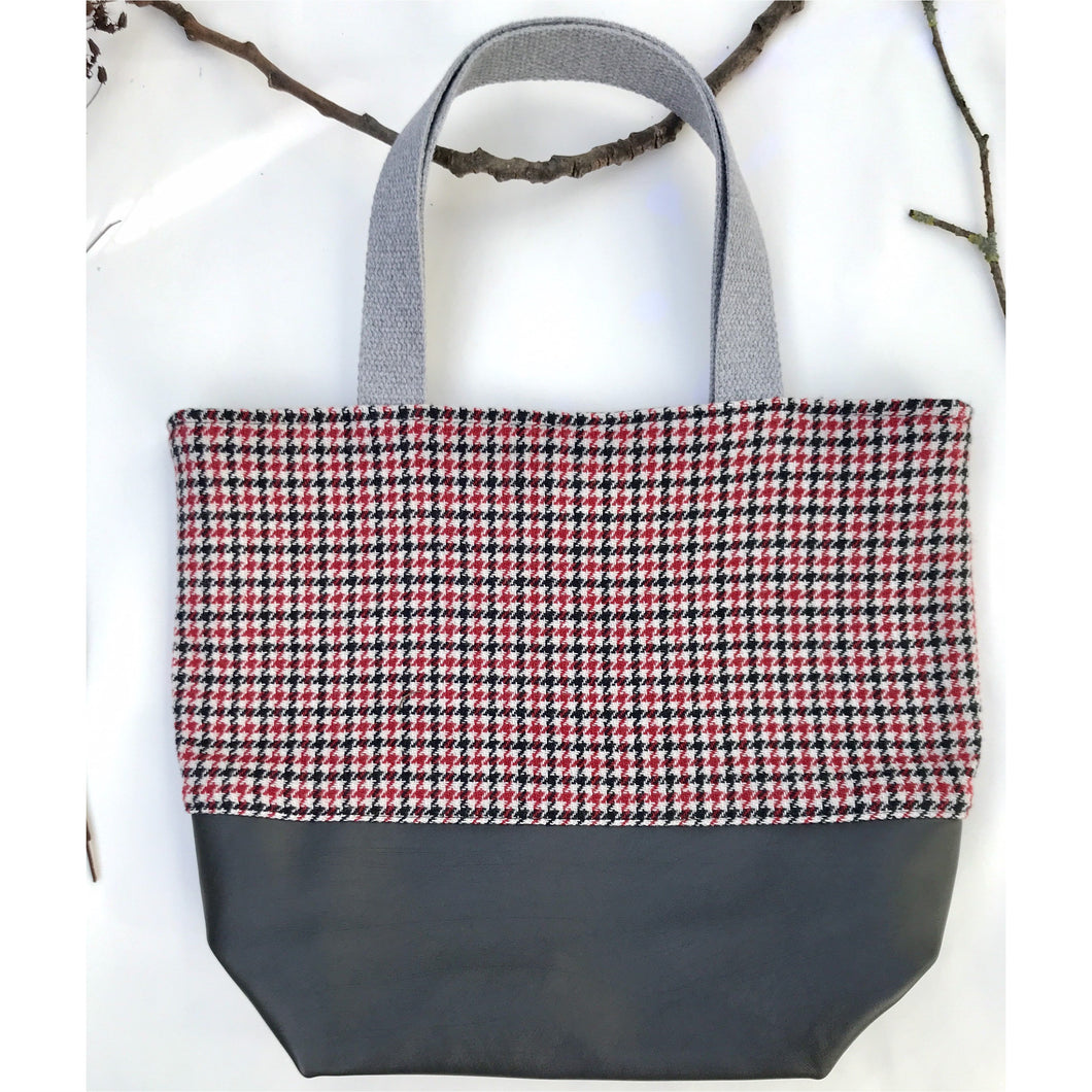 Handbag. Bag. Houndstooth black and red wool fabric tote with a dark grey leather bottom.