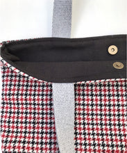Load image into Gallery viewer, Handbag. Bag. Houndstooth black and red wool fabric tote with a dark grey leather bottom.
