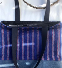 Load image into Gallery viewer, Tote bag. The top is a unique ex designer fabric with a blue cotton denim bottom.
