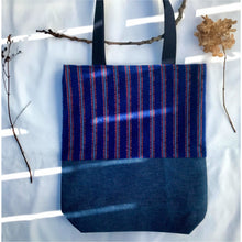 Load image into Gallery viewer, Tote bag. The top is a unique ex designer fabric with a blue cotton denim bottom.
