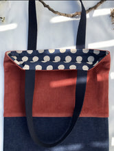Load image into Gallery viewer, Tote bag. Rust corduroy and dark blue denim tote bag.

