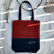 Load image into Gallery viewer, Tote bag. Rust corduroy and dark blue denim tote bag.
