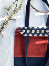 Load image into Gallery viewer, Tote bag. Rust corduroy and dark blue denim tote bag.
