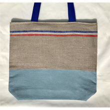 Load image into Gallery viewer, One of a kind bag. Tote Bag. 100% French linen fabric with a light blue denim bottom.
