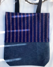 Load image into Gallery viewer, Tote bag. The top is a unique ex designer fabric with a blue cotton denim bottom.
